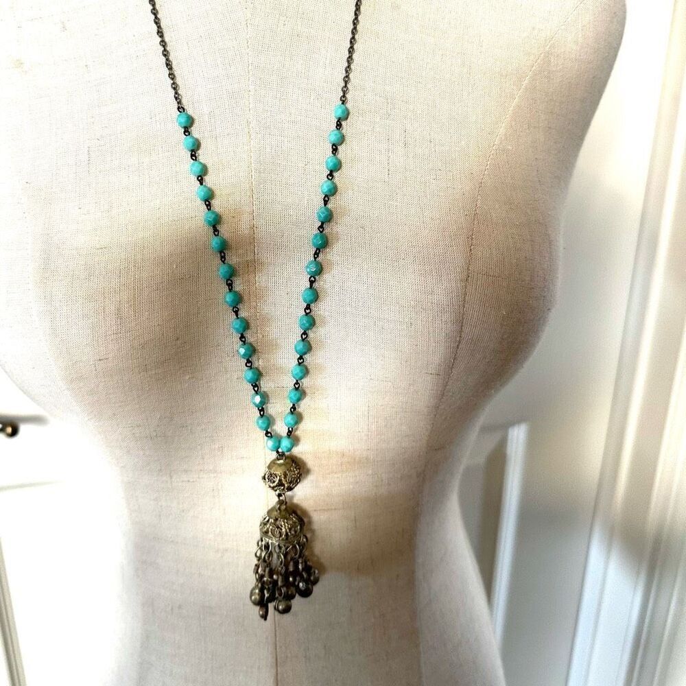 Blue beaded Vintage tribal bell tassel pendant necklace
